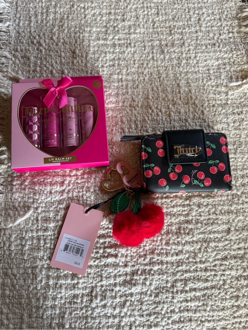 Juicy Couture Cherry Girl Black Red Mini Tab Wallet W Fuzzy Cherries Lip Balm 🍒